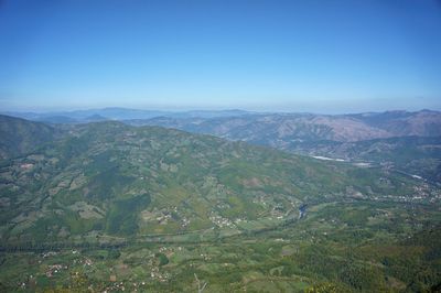 Scenic view of mountains against clear blue sky