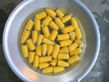 High angle view of corn in bowl
