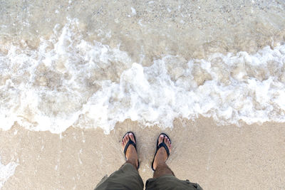 Low section of man standing on beach