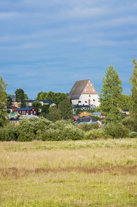 Houses on field by trees against sky