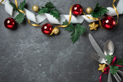 High angle view of christmas decorations on table