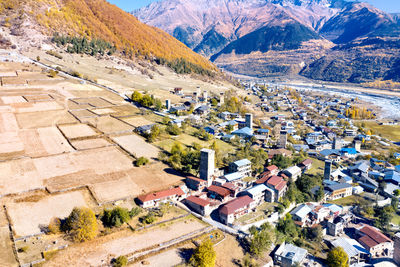 High angle view of houses and buildings in town