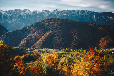 Scenic view of mountains against sky during autumn