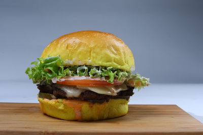 Close-up of burger on table