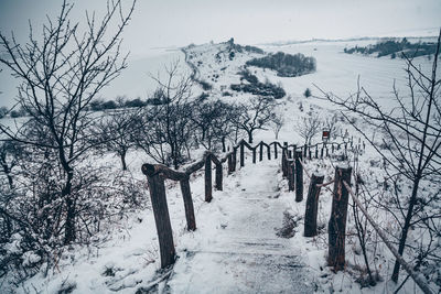 Scenic view of snow covered field against sky