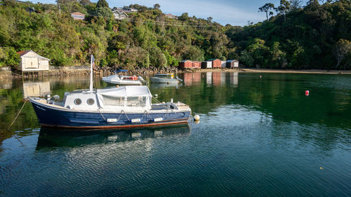 Boats moored on river by trees