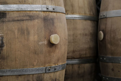 Cellar with wooden barrels to store wine, beer, rum, whiskey