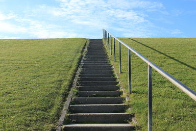 Boardwalk on field against sky