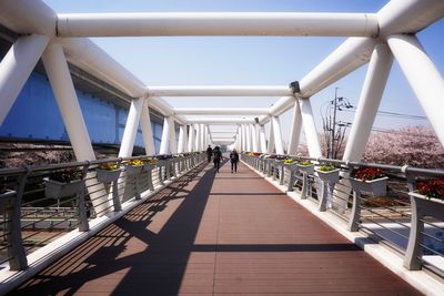 Rear view of people walking on bridge