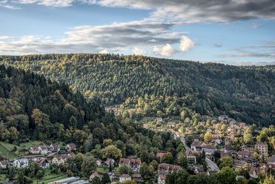 High angle view of trees on landscape against sky