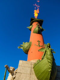 Low angle view of statue against clear blue sky