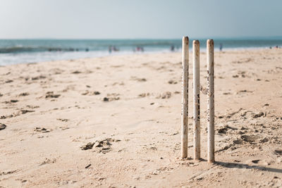 Wooden posts on beach against sky