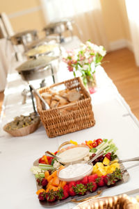 High angle view of food served on table