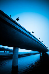 Low angle view of bridge over sea against clear blue sky