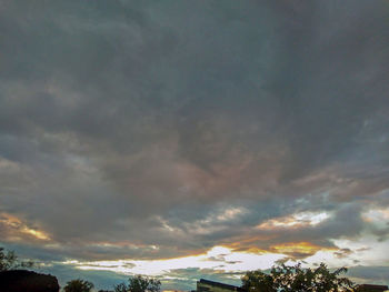 Low angle view of trees against cloudy sky