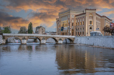 Bridge over river against sky during sunset