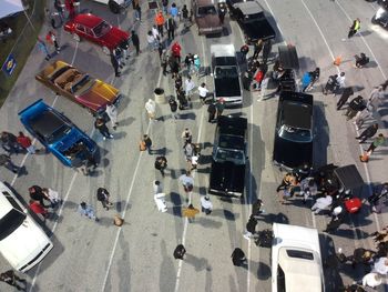 High angle view of people on city street