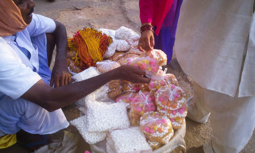 High angle view of people on table