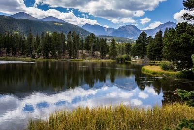 Scenic view of lake and mountains against sky