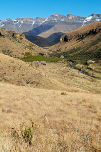 Scenic view of landscape and mountains against sky