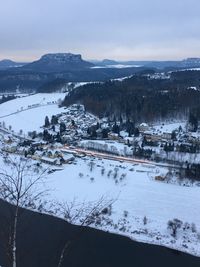 Scenic view of snow covered mountains against sky