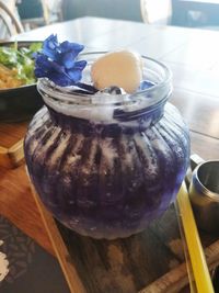 High angle view of ice cream in glass on table