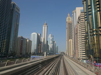 Railroad tracks amidst buildings in city against clear sky