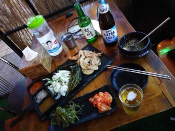 High angle view of food on table