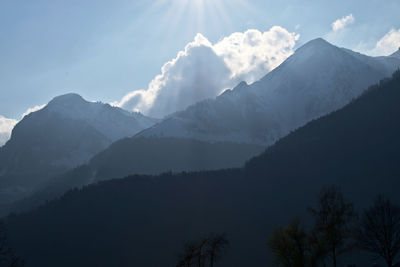 Scenic view of snowcapped mountains against sky