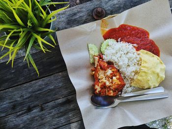 High angle view of food served on table