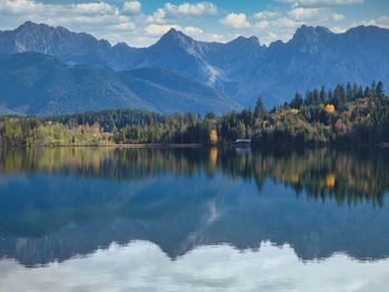 Scenic view of lake and mountains against sky