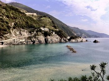 Scenic view of bay against sky