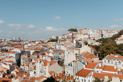 Buildings in town against sky