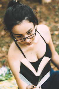 High angle view of young woman looking away