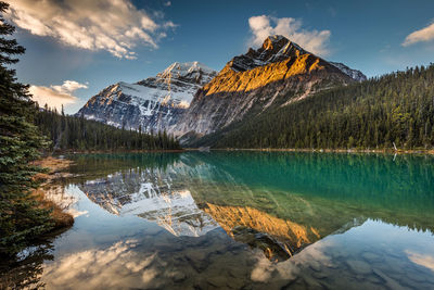 Edith cavell mountain reflection at sunrise in jasper national park