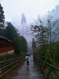 Rear view of woman walking on footbridge