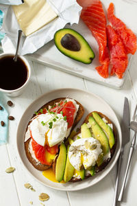 High angle view of breakfast served on table