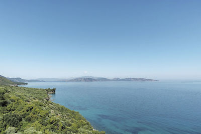 Scenic view of sea against clear blue sky