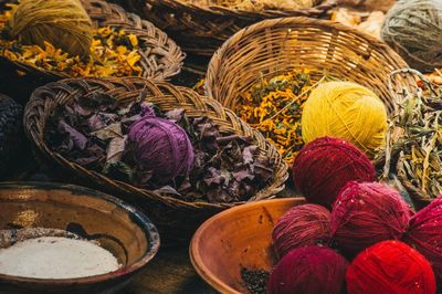 Ball of wools in wicker basket