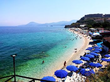 High angle view of sea against clear sky