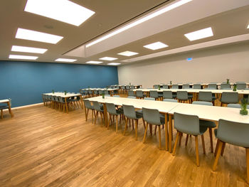 View of empty chairs and tables in a room like cantina 