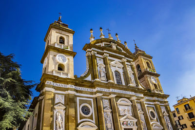 Low angle view of temple building against blue sky