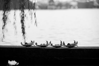 Close-up of decor on retaining wall against lake