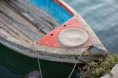 High angle view of old boat moored in lake