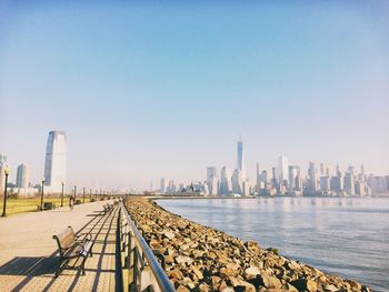 View of skyscrapers against clear sky