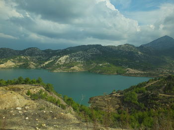 Scenic view of lake and mountains against sky