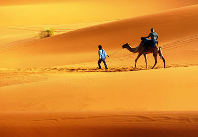 People with camel in desert