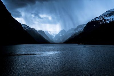 Scenic view of lake and mountains against sky