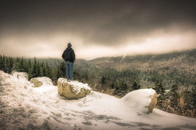 Rear view of man looking at mountain against sky