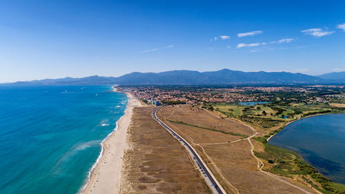 High angle view of beach against blue sky